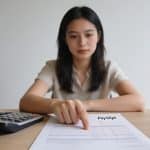 Jeune femme assise bureau calculatrice main devant fiche de paie