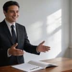 Notaire souriant expliquant contrat de donation usufruit