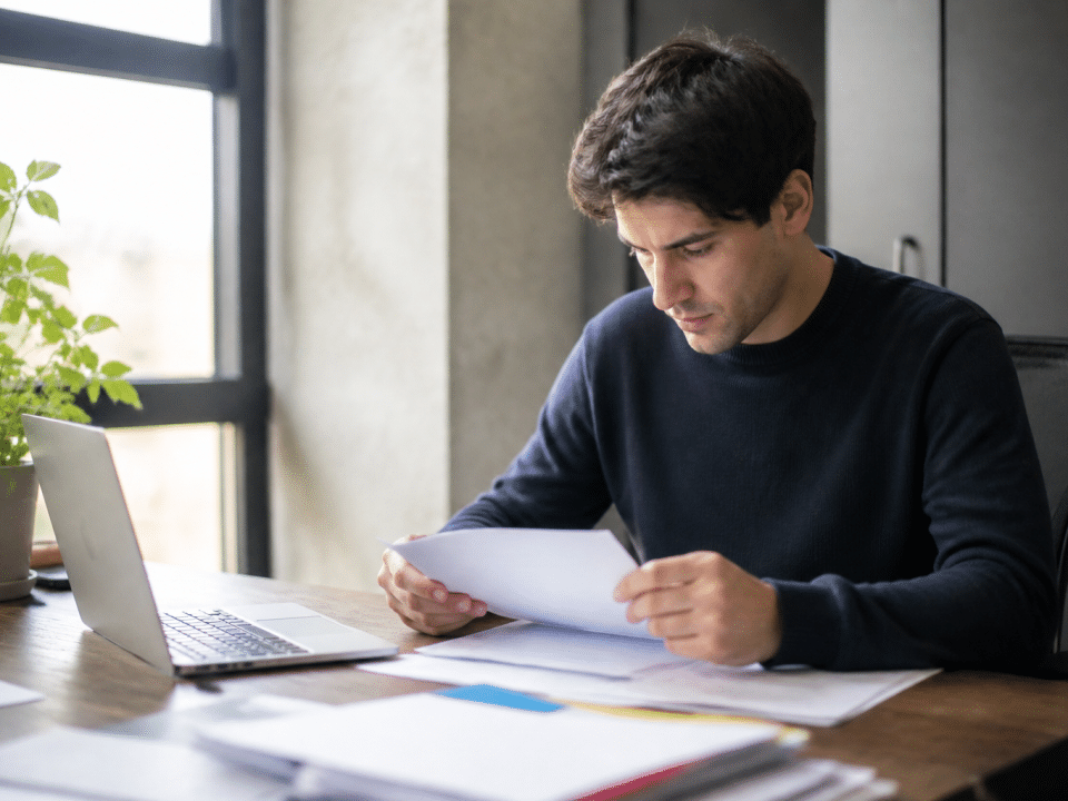 Professionnel assis à bureau étudiant documents carrière