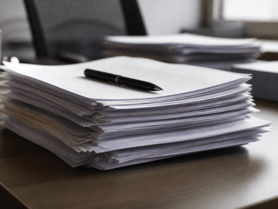 Documents professionnels empiles sur bureau avec stylo pose dessus