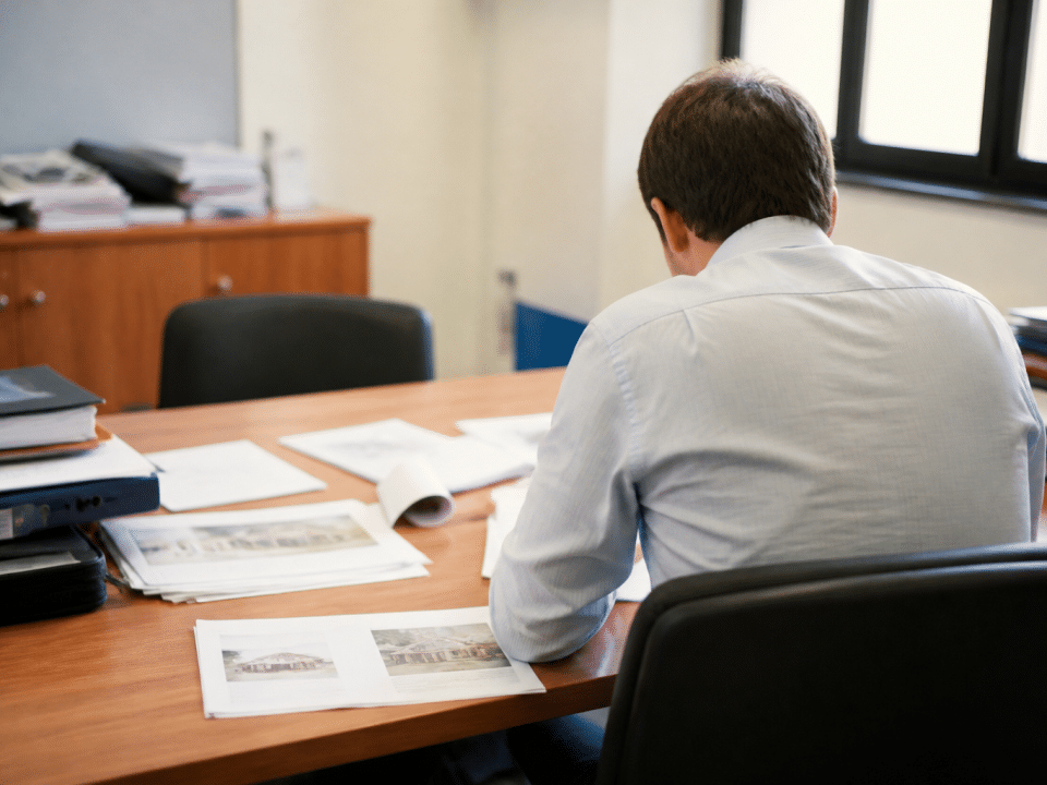 Employe assis face a un bureau avec documents de vente
