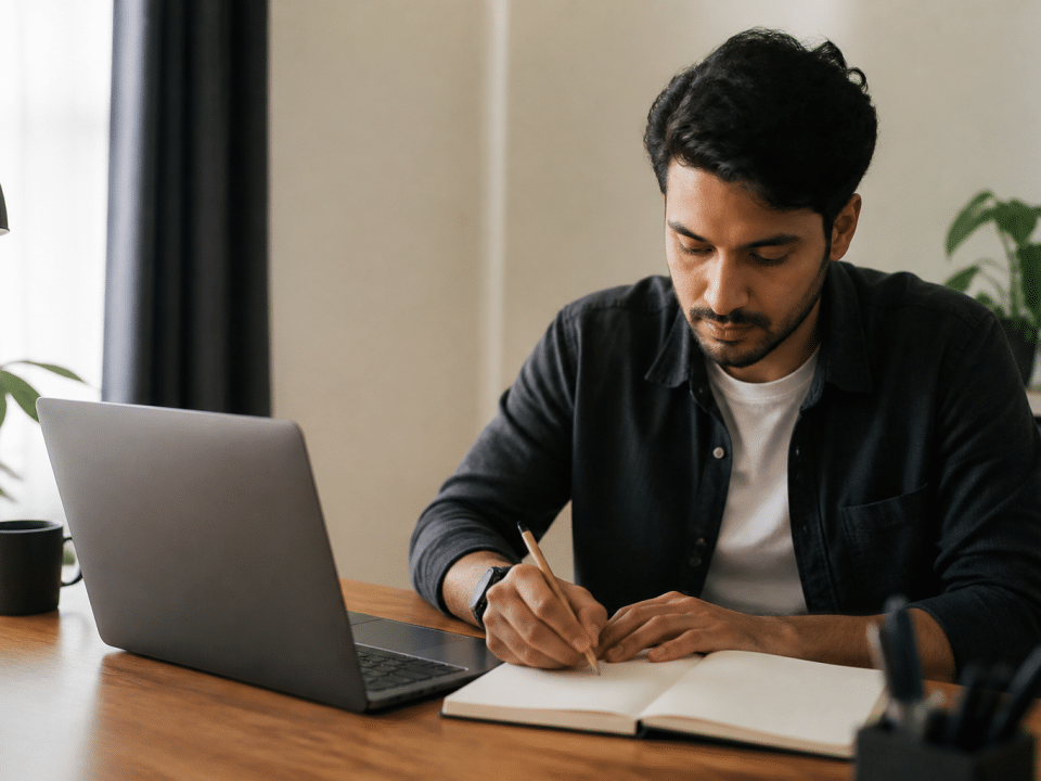 Entrepreneur assis a son bureau avec ordinateur portable et carnet vierge