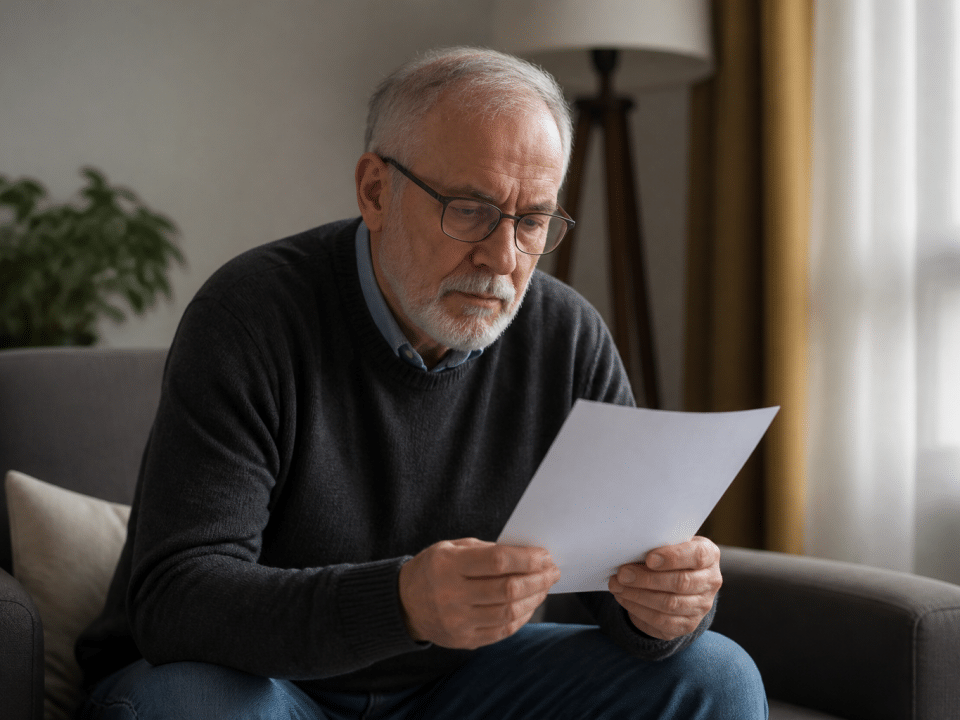 Homme senior assis tenant document indemnité licenciement