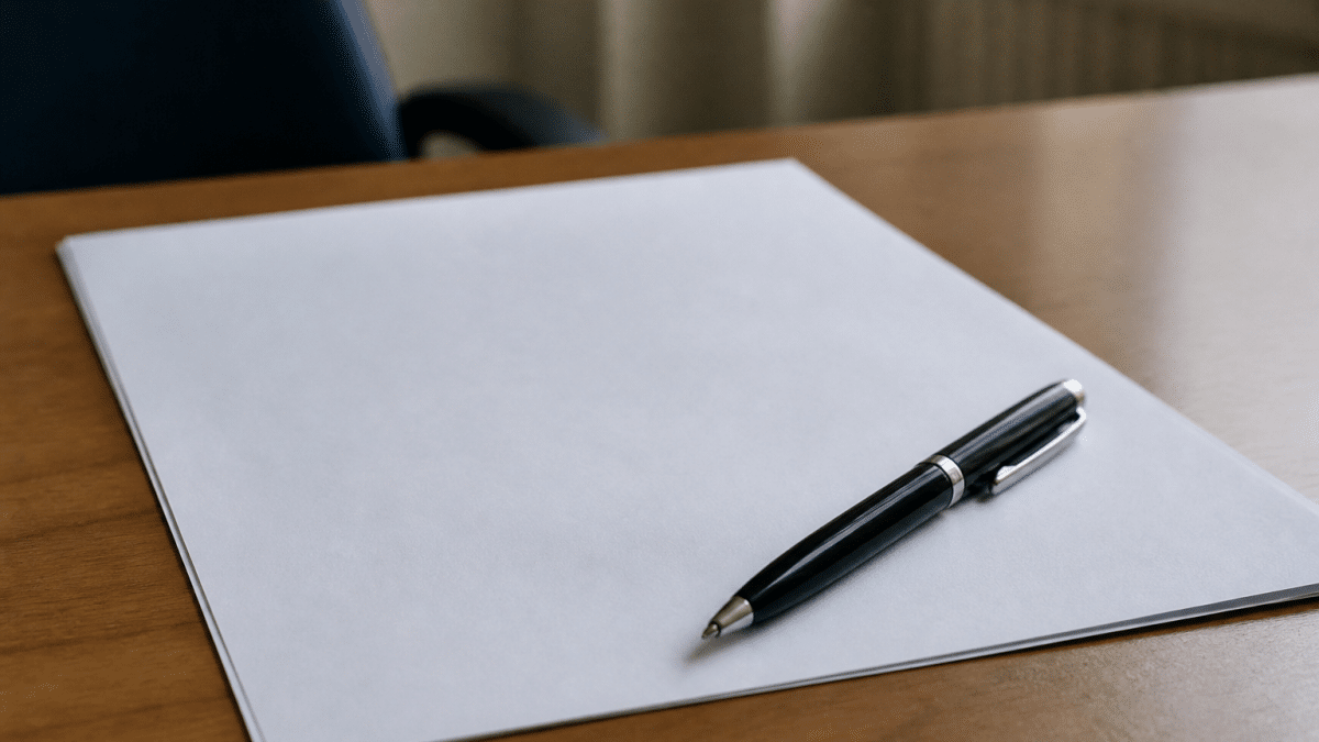 Document officiel posé sur bureau avec stylo noir pret a signer