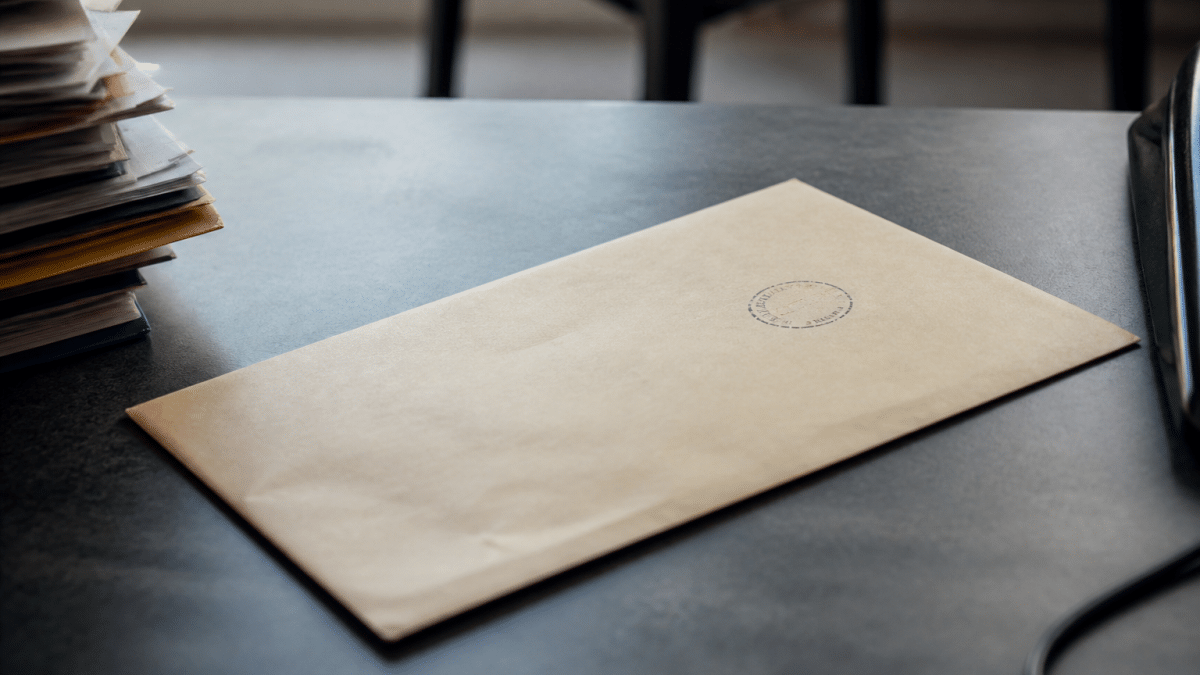 Enveloppe officielle posée sur bureau avec tampon date visible