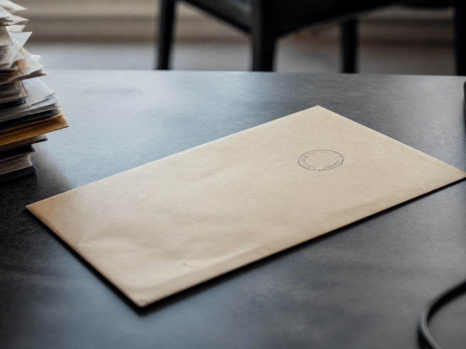 Enveloppe officielle posée sur bureau avec tampon date visible