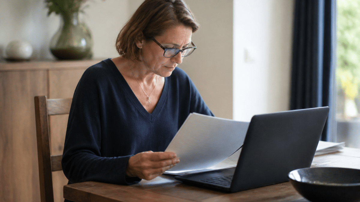 Personne assise consultant documents formation devant ordinateur portable