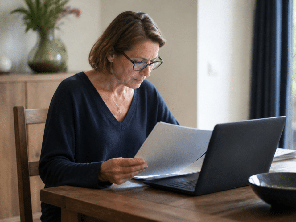 Personne assise consultant documents formation devant ordinateur portable