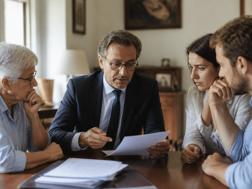 Notaire expliquant documents succession devant famille assise