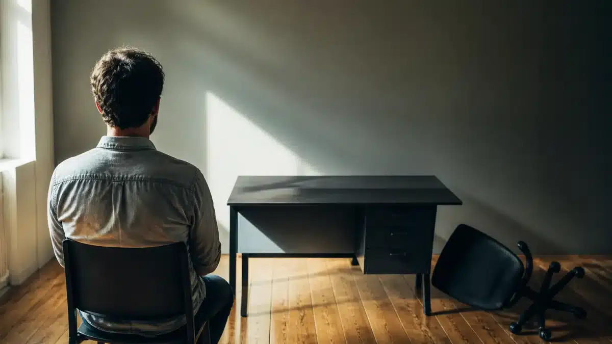 Personne assise dos tourné devant bureau vide et chaise renversée