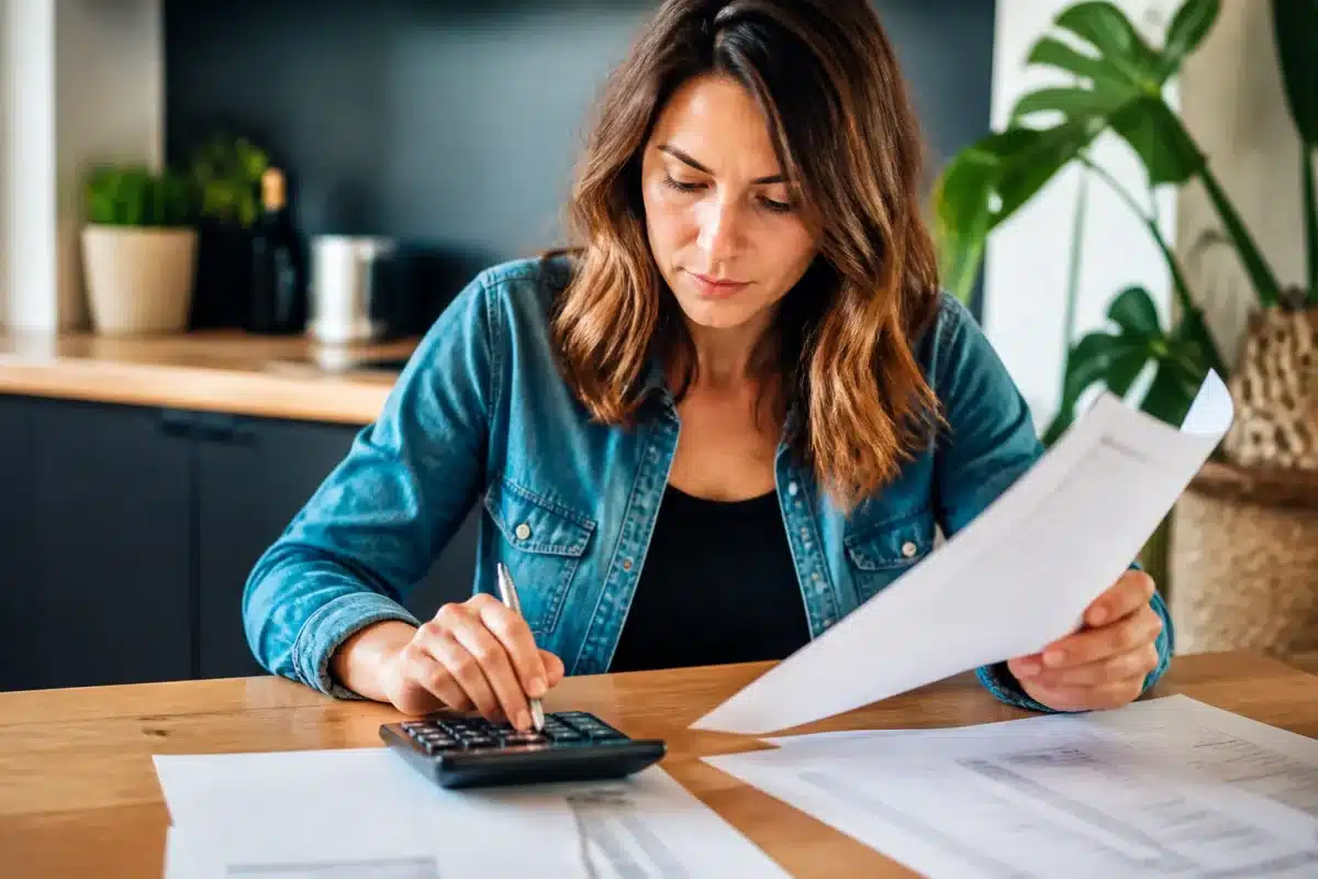 Femme consultant documents financiers à table avec calculatrice