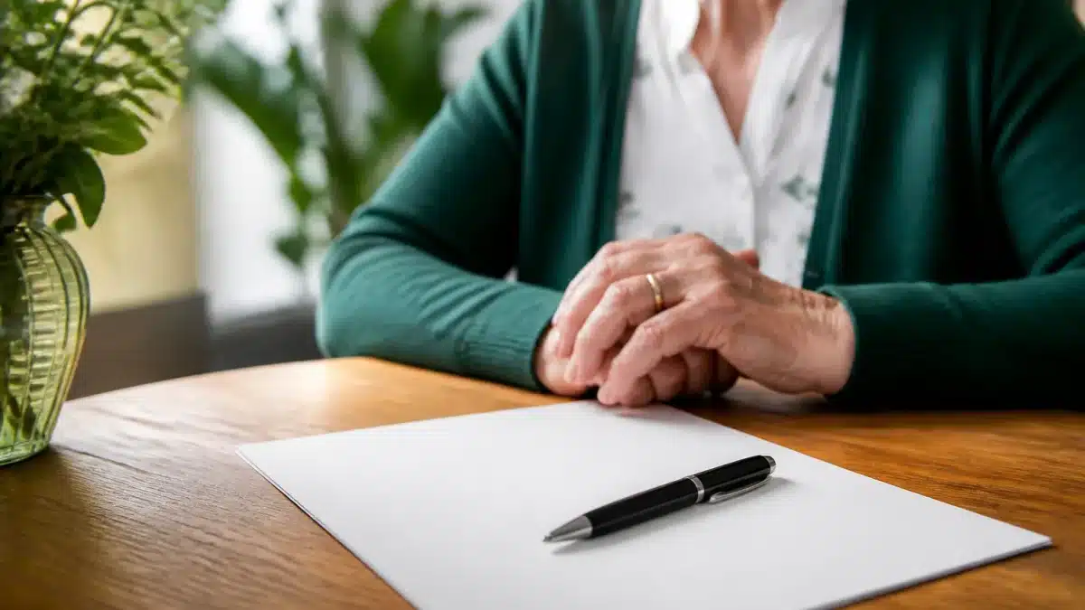 Document legal avec stylo pose sur bureau devant personne agee