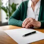 Document legal avec stylo pose sur bureau devant personne agee