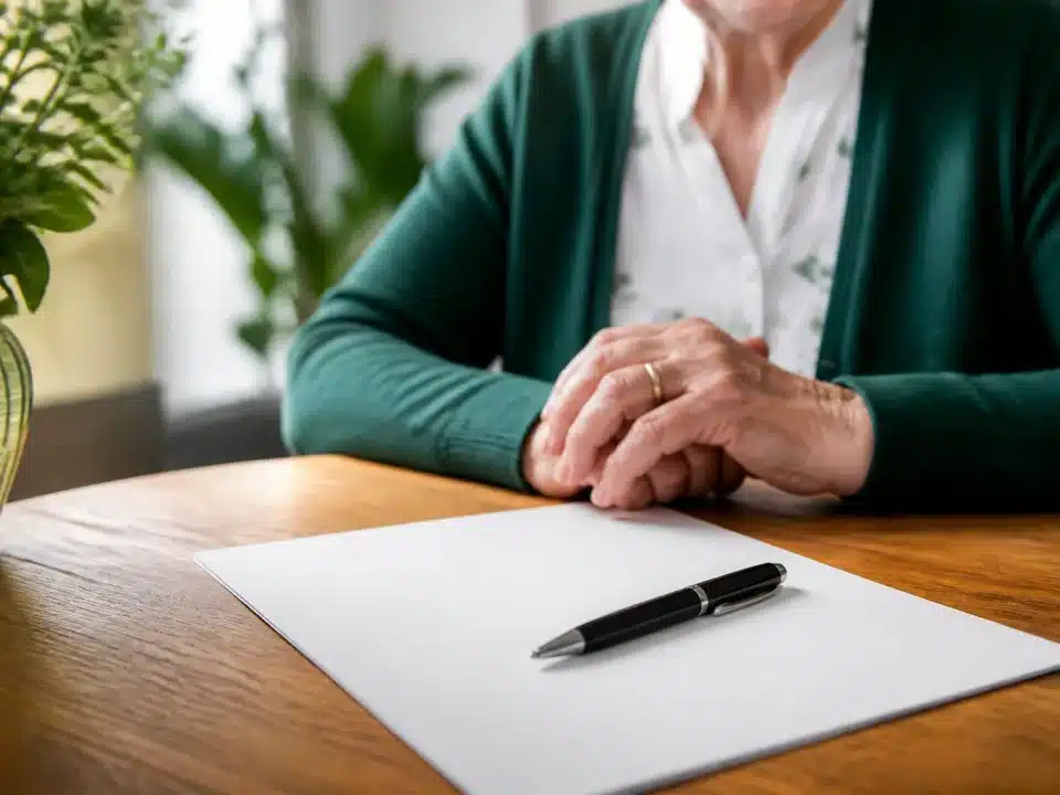 Document legal avec stylo pose sur bureau devant personne agee