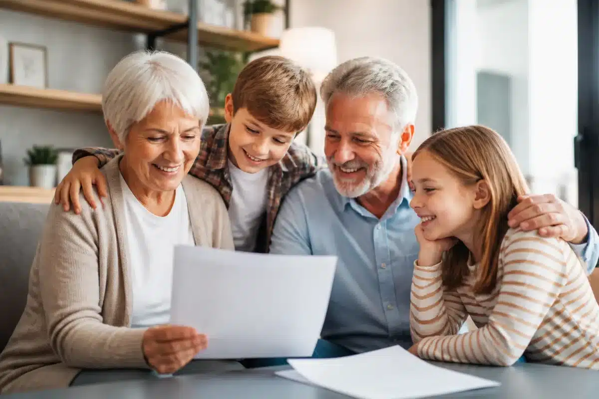 Parent souriant consultant documents de retraite avec enfants