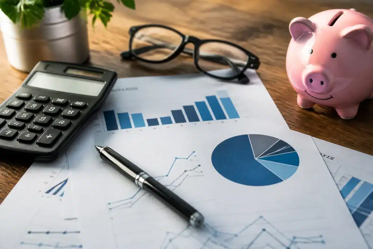 Documents financiers avec calculatrice montrant pourcentages retraite