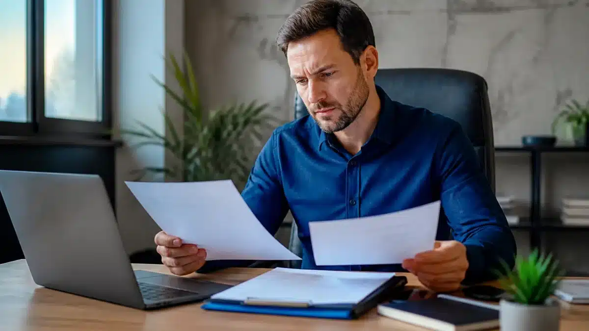 Homme assis a son bureau consultant document droits sociaux papiers