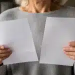 Personne tenant document salaire et relevé pension côte à côte
