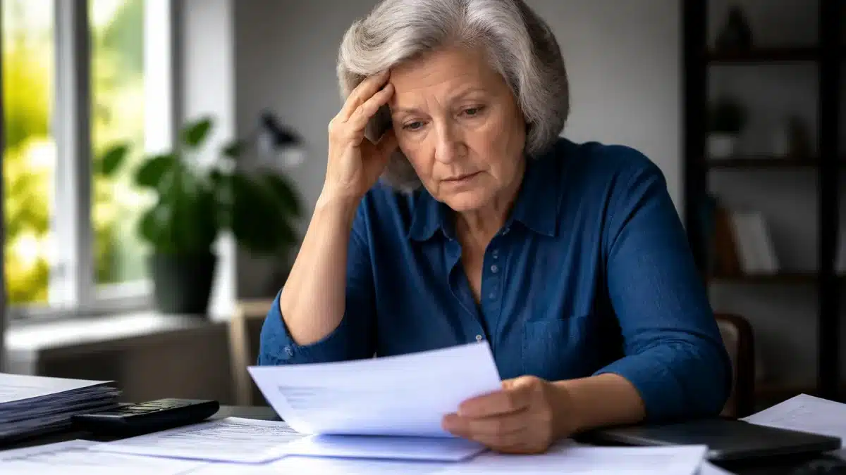 Femme veuve assise seule a son bureau avec documents fiscaux