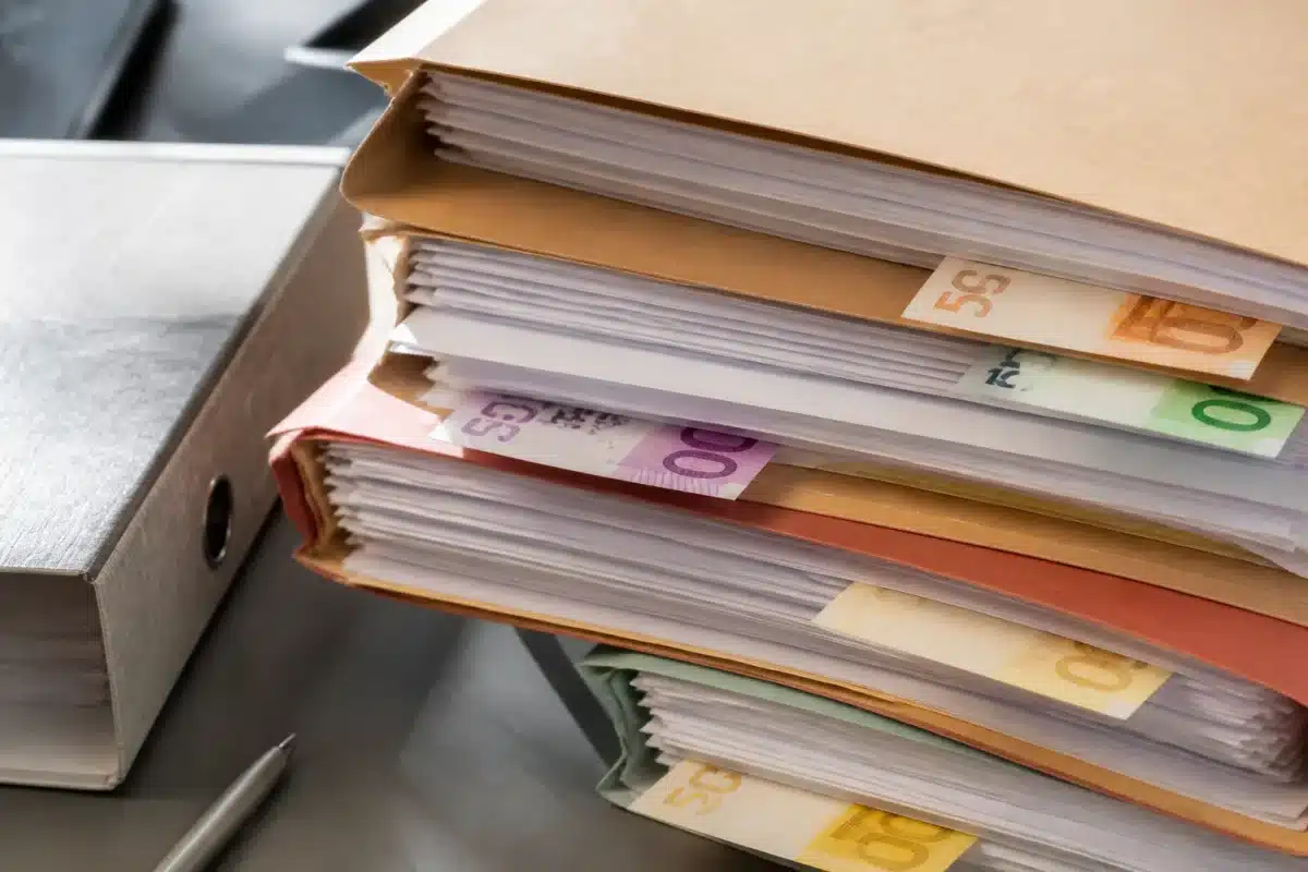 Documents juridiques empilés avec tarifs écrits en euros visibles