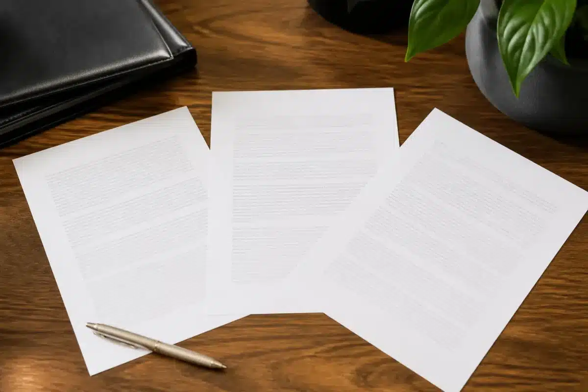 Trois documents juridiques étalés sur bureau bois