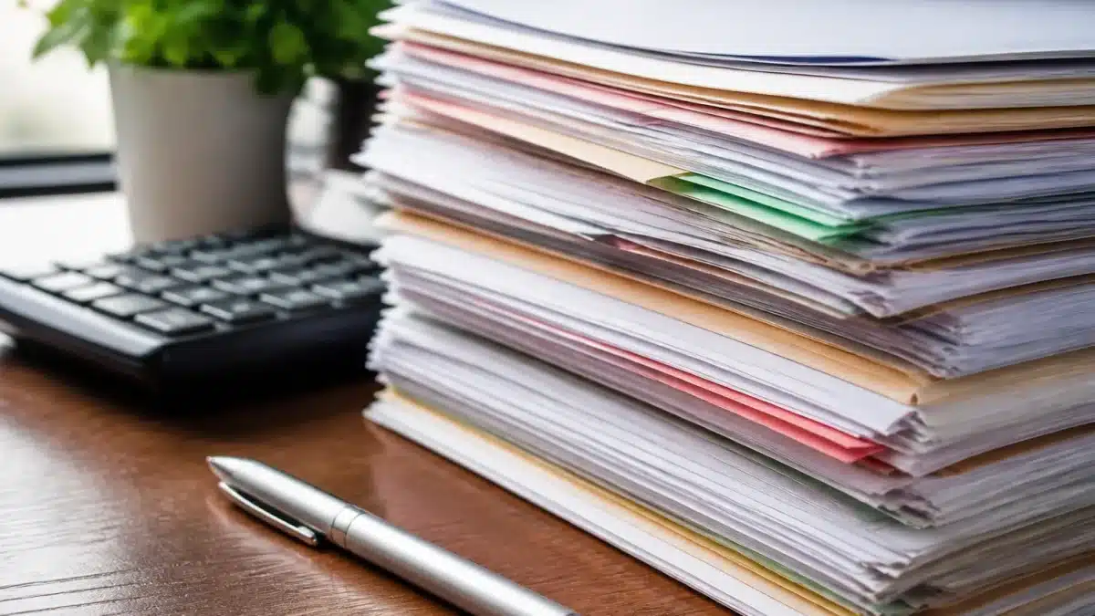 Documents administratifs empiles sur bureau avec stylo et calculatrice
