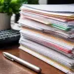 Documents administratifs empiles sur bureau avec stylo et calculatrice