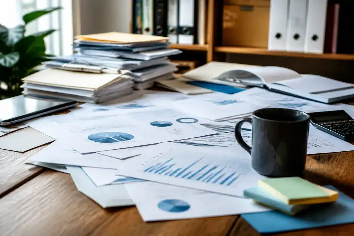 Papiers administratifs et documents financiers éparpillés sur bureau