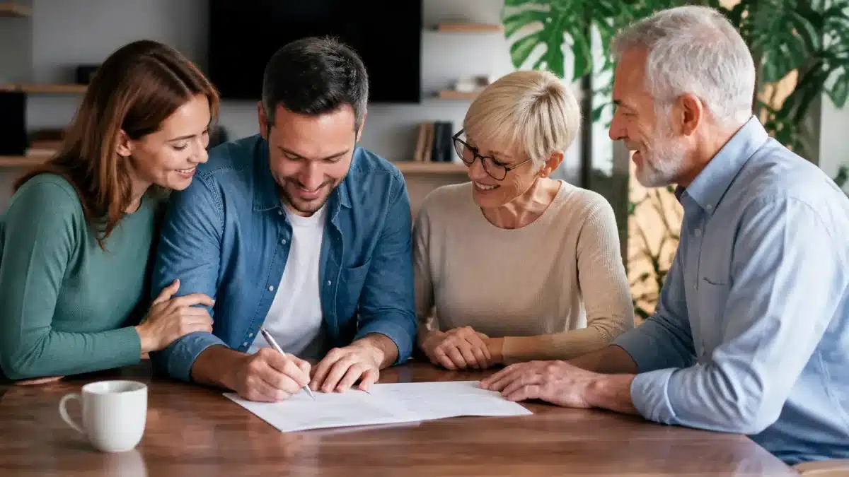 Parents et enfants adultes assis autour table signant documents immobiliers