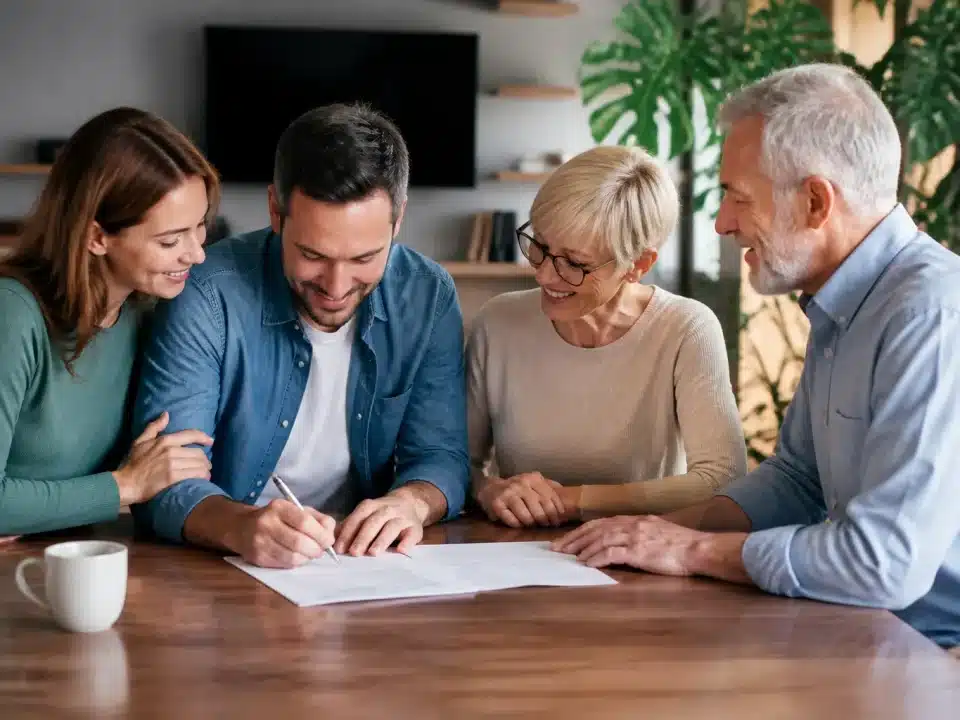 Parents et enfants adultes assis autour table signant documents immobiliers