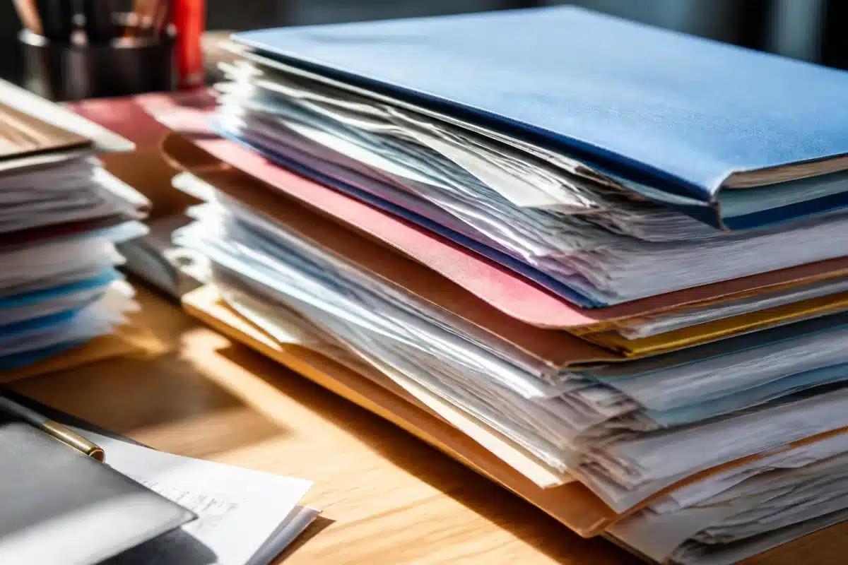 Dossier administratif avec documents retraite et formulaires empilés