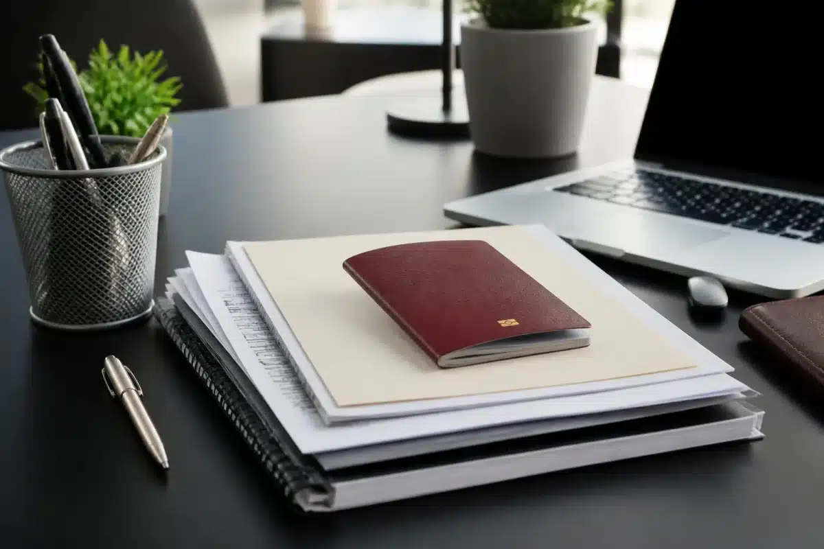 Dossiers administratifs et passeport sur bureau organisé