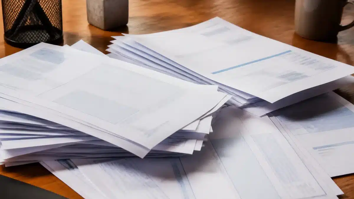 Document administratif factures étalé sur bureau bois