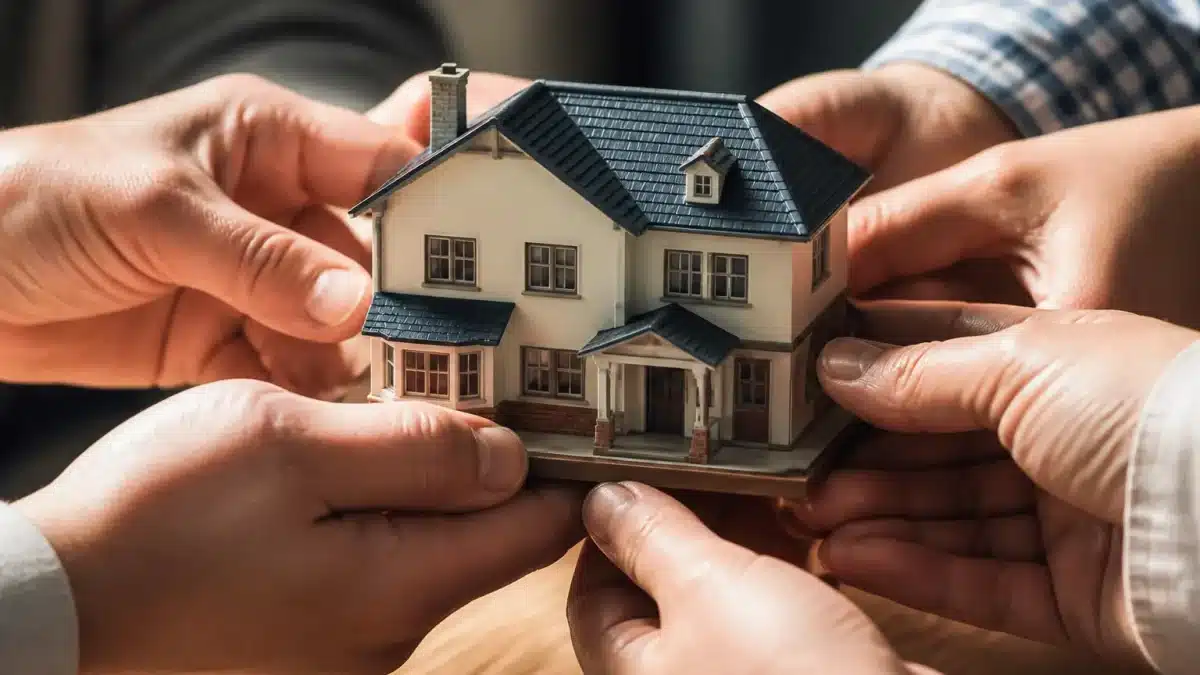 Plusieurs mains tenant ensemble les murs d'une maison miniature