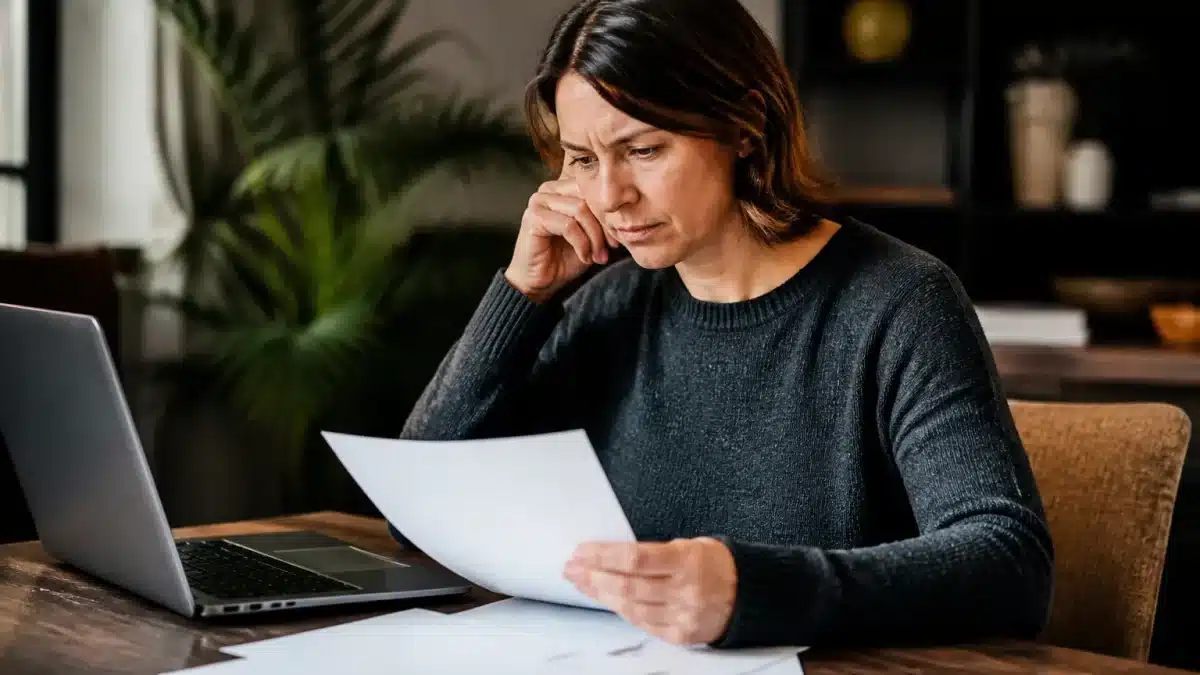Femme assise a table consultant documents financiers importants seule