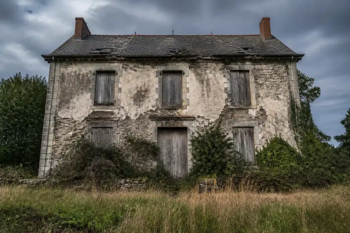 Maison abandonnée avec façade dégradée et fenêtres fermées.