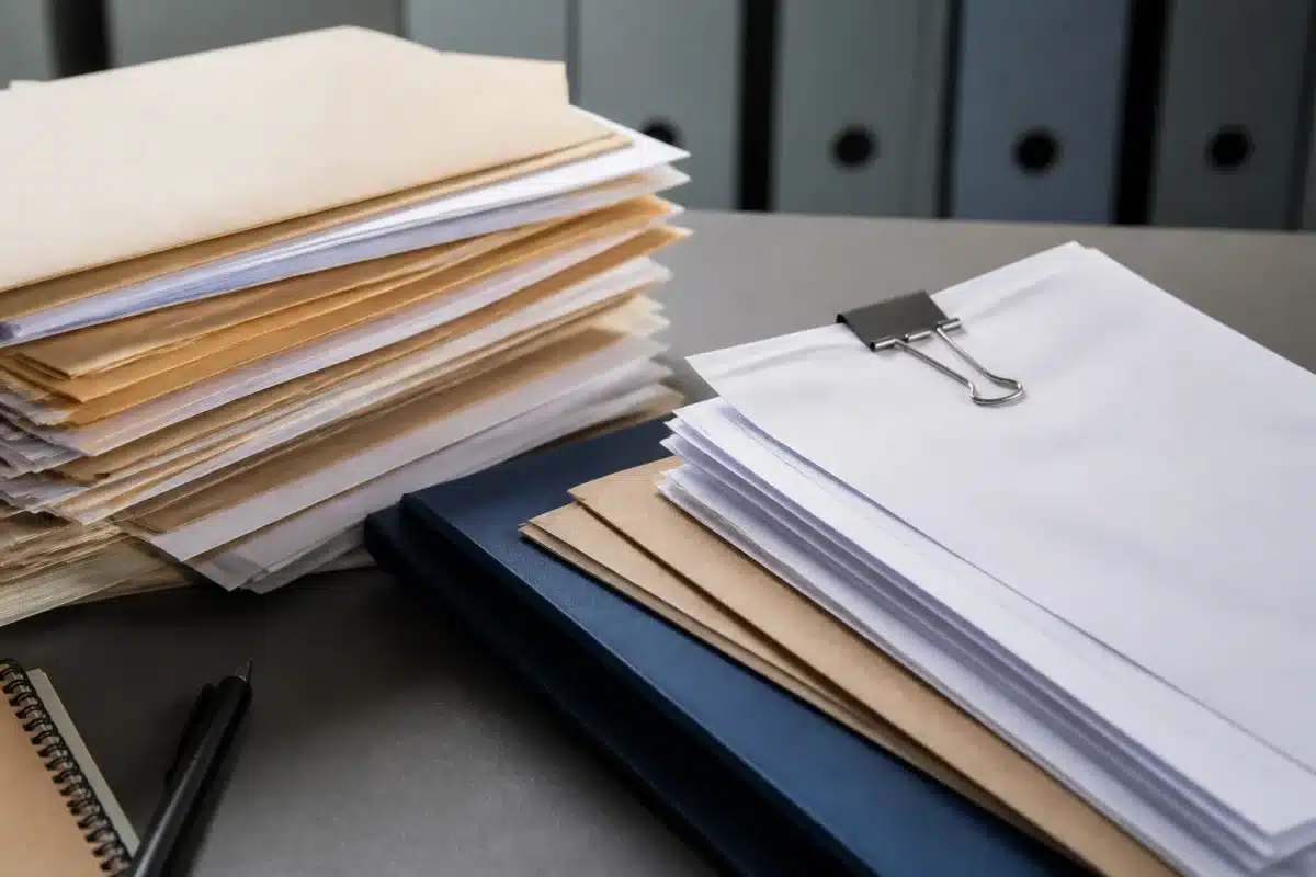 Documents juridiques et dossiers administratifs sur bureau gris