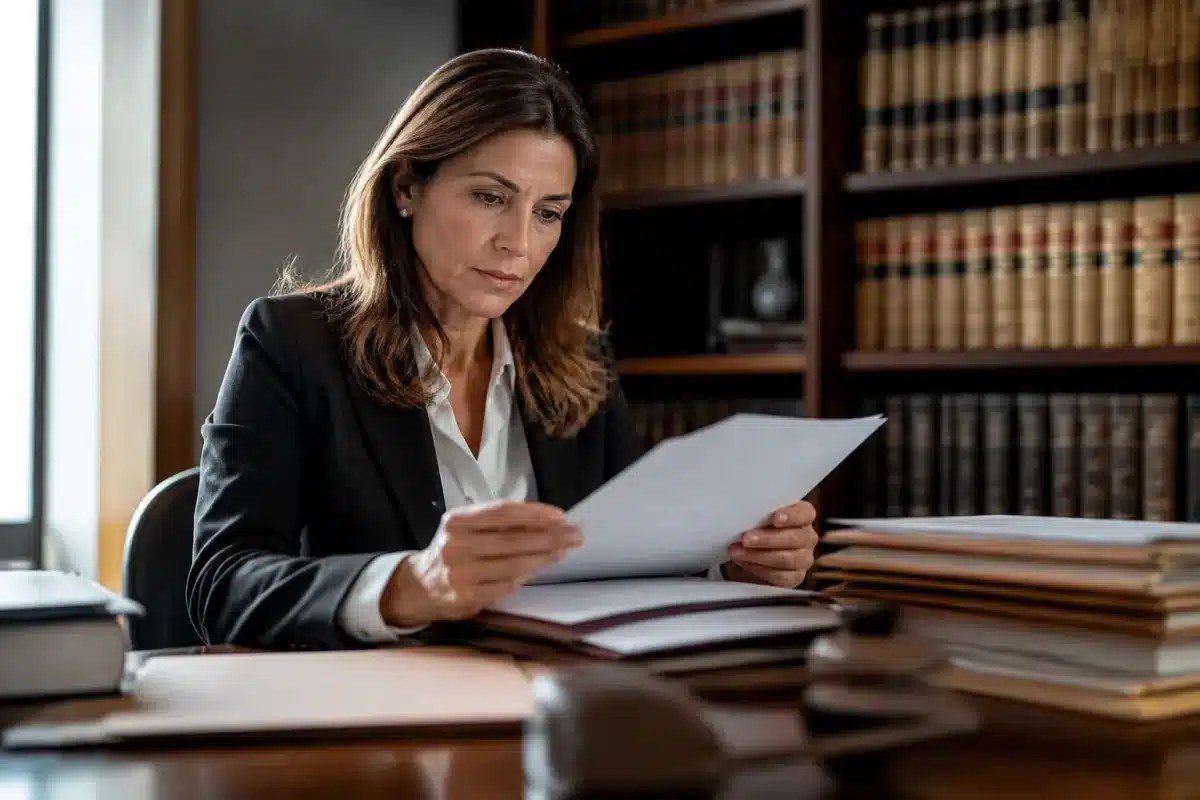 Notaire examinant documents immobiliers avec expertise professionnelle