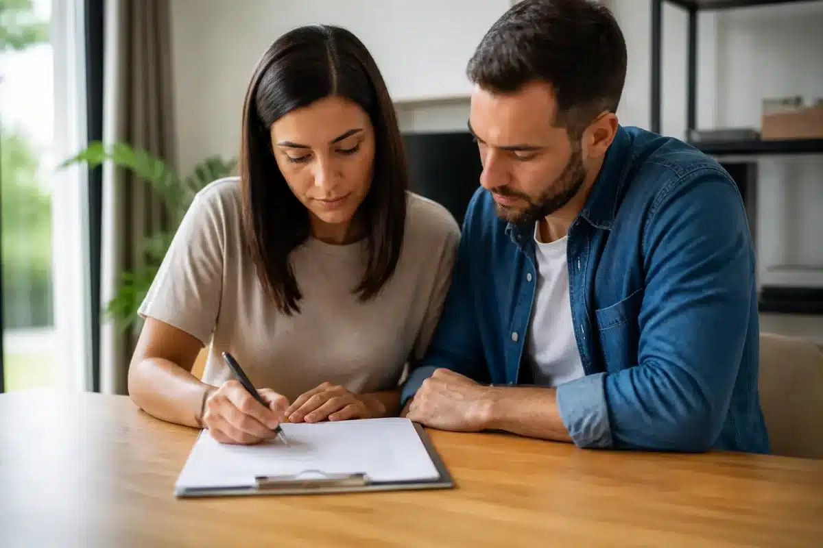 Deux parents signant documents administratifs allocation familiale enfant