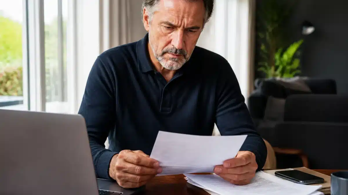 Homme assis a son bureau consultant documents retraite