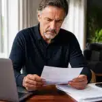 Homme assis a son bureau consultant documents retraite
