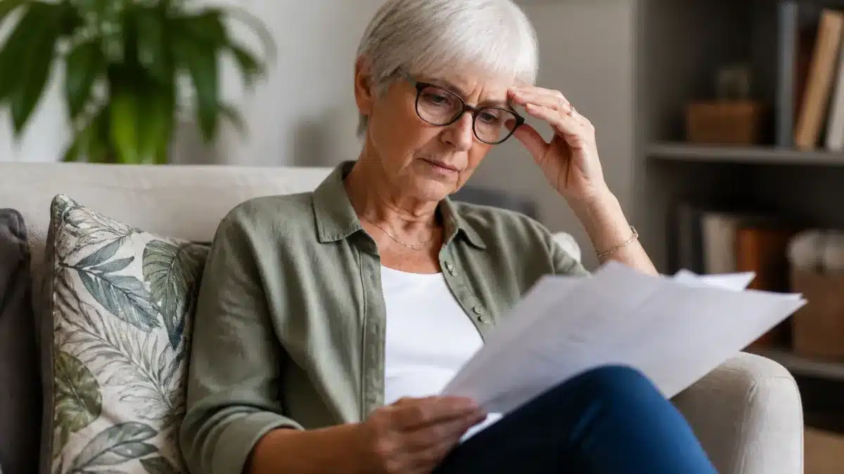 Personne retraitee assise tenant documents administratifs pension anticipee