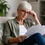 Personne retraitee assise tenant documents administratifs pension anticipee