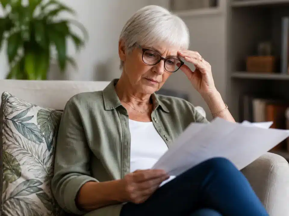 Personne retraitee assise tenant documents administratifs pension anticipee