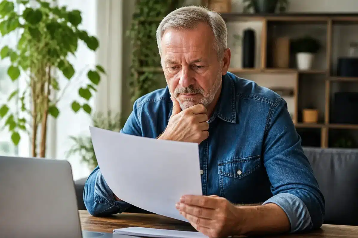 Personne âgée consultant documents retraite anticipée cinquante-cinq ans