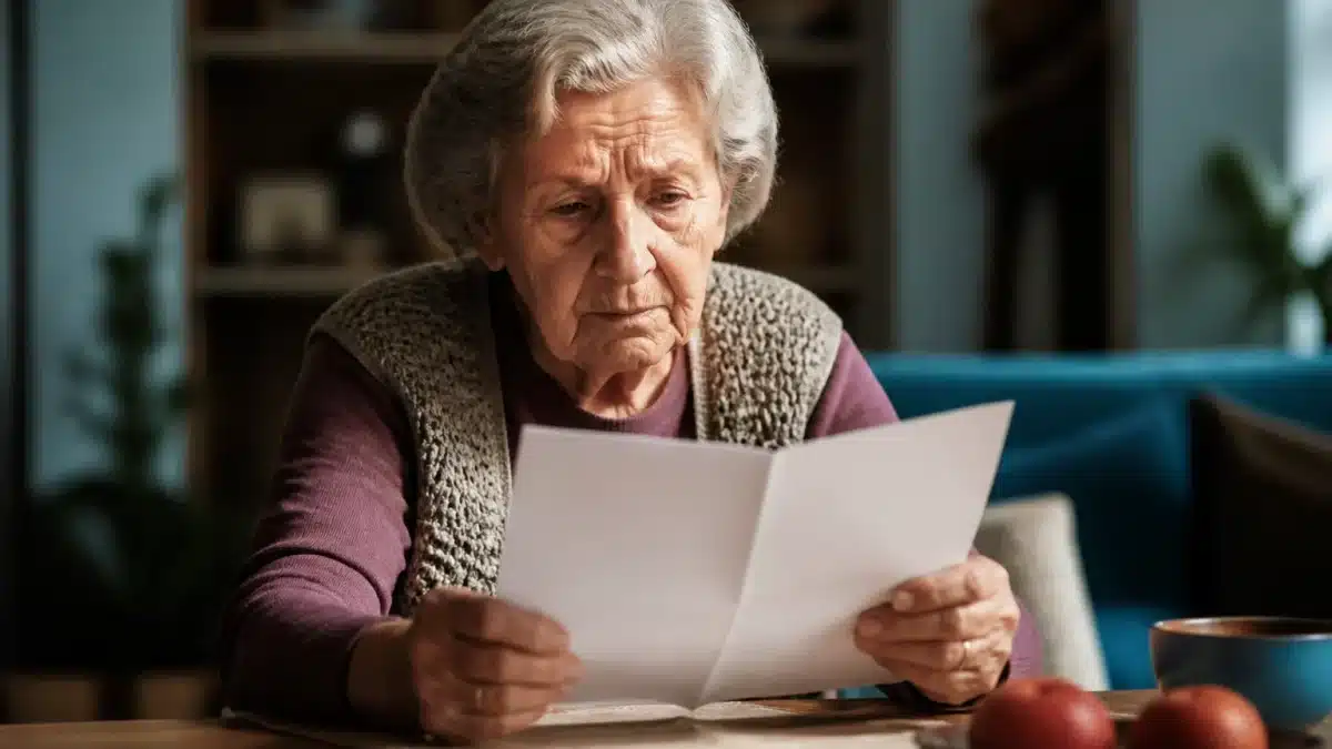 Personne agee assise seule regardant document aide sociale financiere
