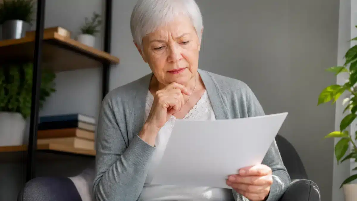 Personne agee assise consultant document financier retraite