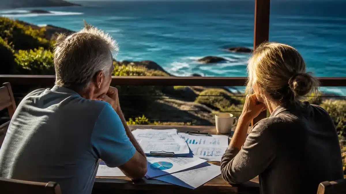 Couple assis face a l'ocean, documents financiers etales devant eux