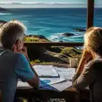 Couple assis face a l'ocean, documents financiers etales devant eux