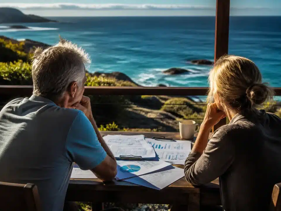 Couple assis face a l'ocean, documents financiers etales devant eux